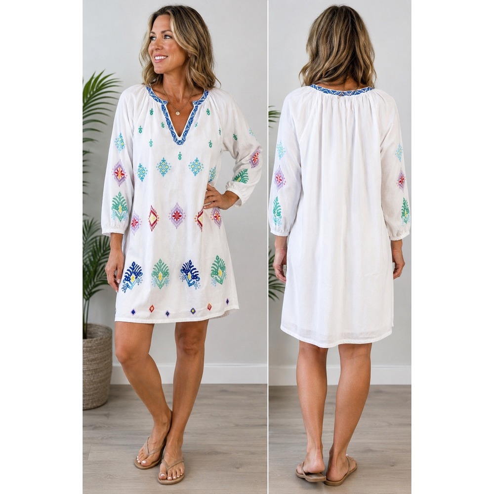 Tommy Bahama White Embroidered Cotton Tunic Dress Womens Medium Boho Coastal